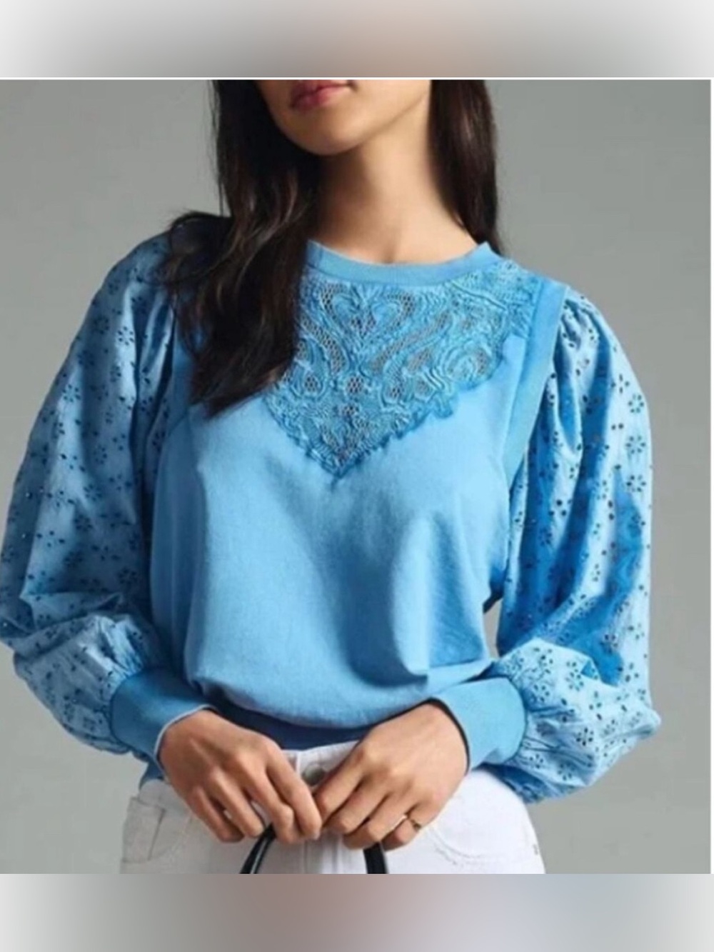 Anthropologie Pilcro Washed Eyelet Lace Puff Sleeve Sweatshirt